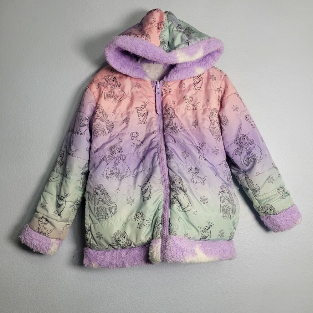 Disney Frozen 2 Reversible Puffer Jacket Girls 5 Elsa Fleece Star Pastel Coat